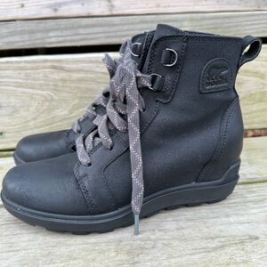 Sorel Evie Leather Canvas Boots Black High Top NL5024-010 Lace Up Hidden Wedge